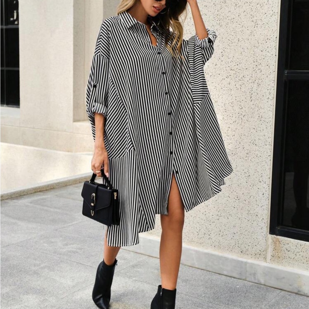 Oversized Loose Fit Striped Batwing Sleeve Asymmetrical Hem Button Shirt Dress - Picture 2 of 6